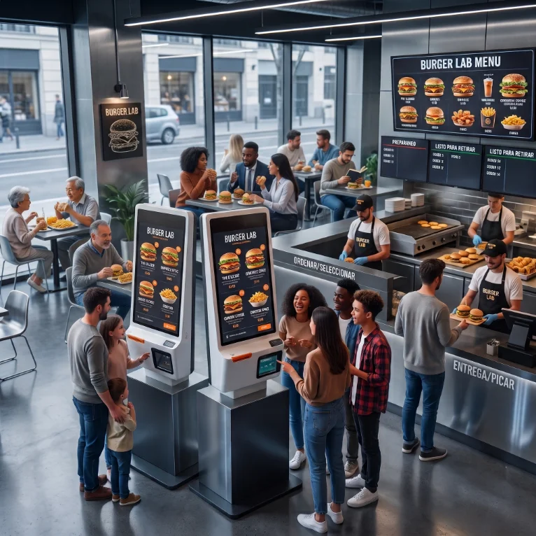 Tótems de autoservicio en una hamburguesería, clientes haciendo su pedido
